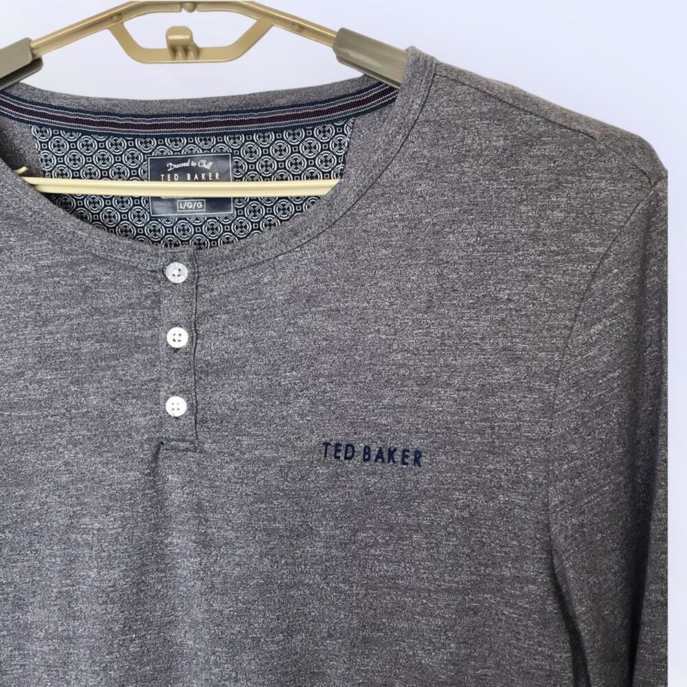 Ted Baker Grey Henley Men's Long Sleeved Tee Shirt Size Large